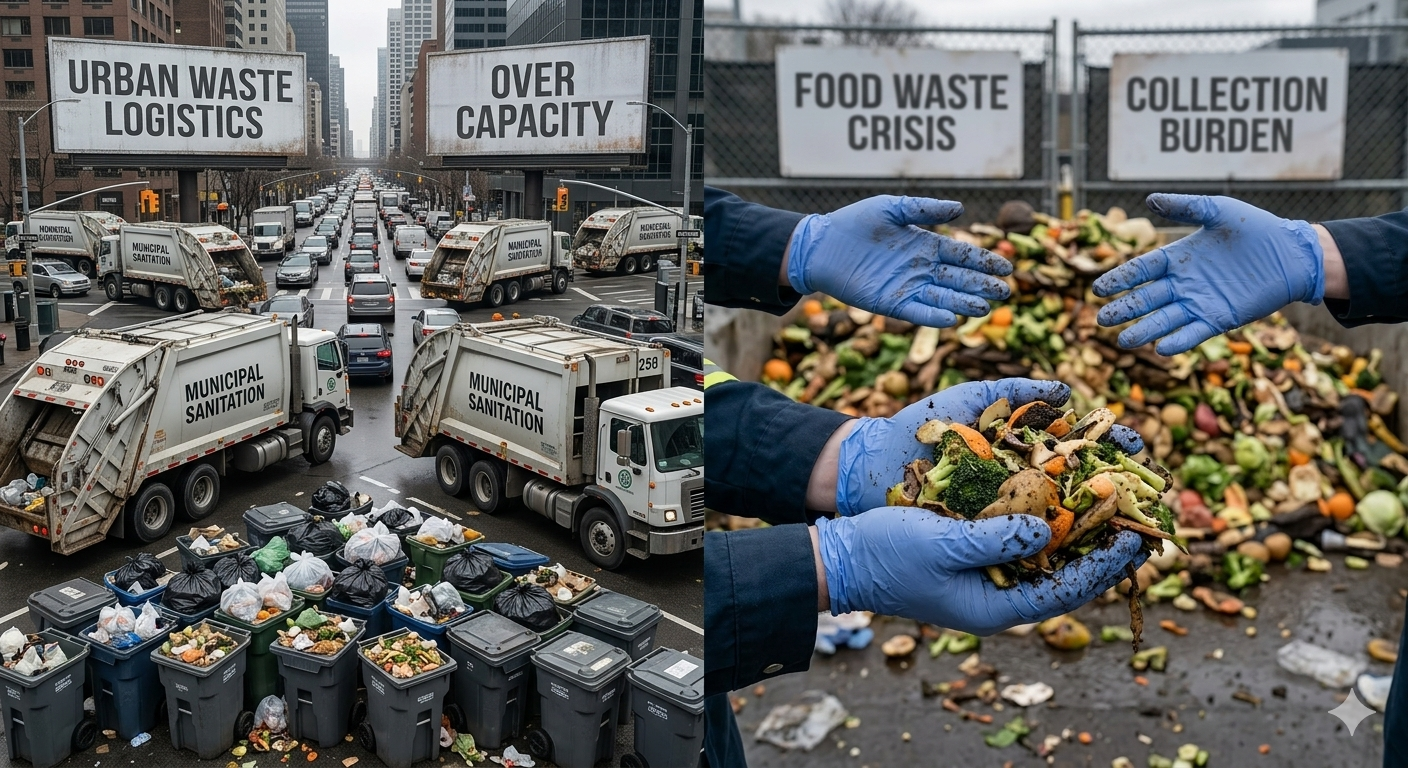 Municipal sanitation trucks hauling heavy municipal solid waste in an urban city facing a global food waste crisis
